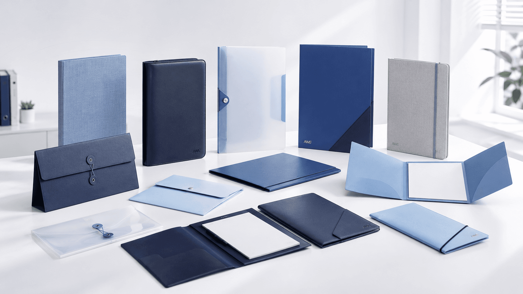 Blue, grey, and black document folders
