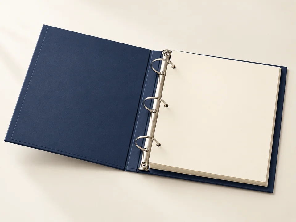 Open binder showing ring construction and page layout