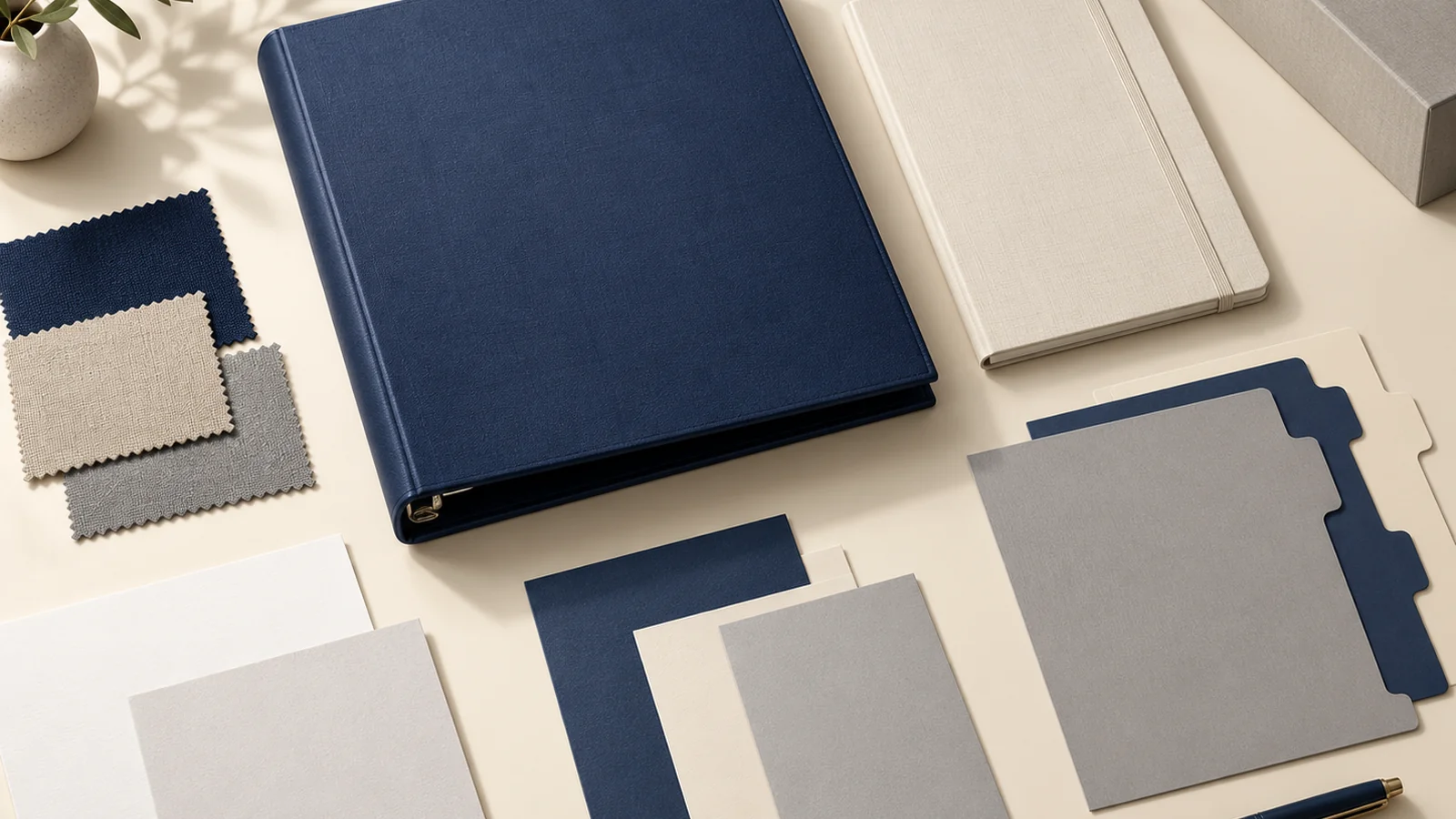 Product references, material swatches and paper samples arranged for project planning