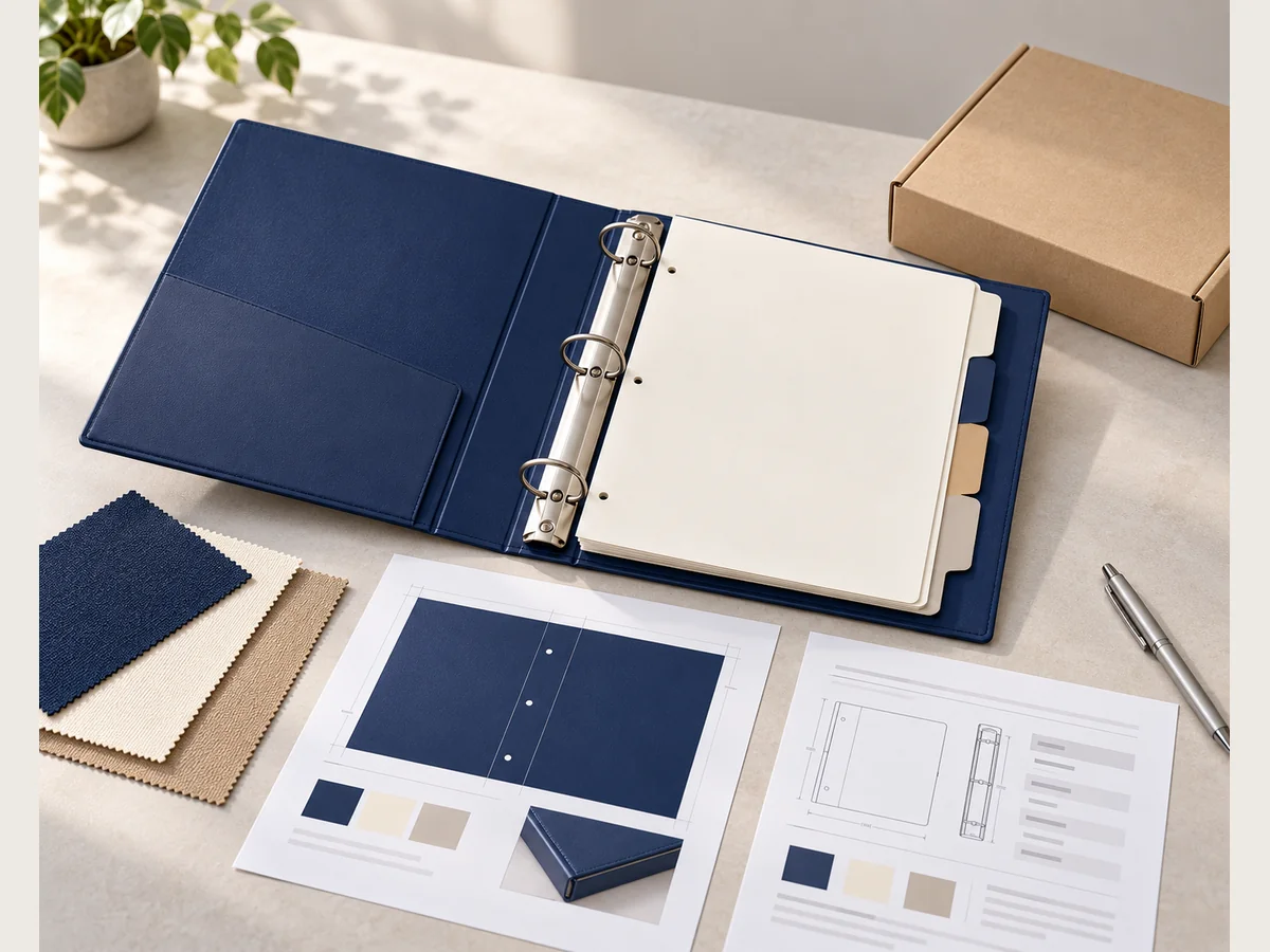 Binder, material swatches, paper layouts and packaging arranged for project review