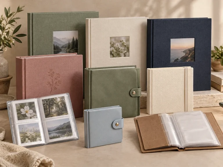AI-generated photo album family collection concept; illustrative formats only.